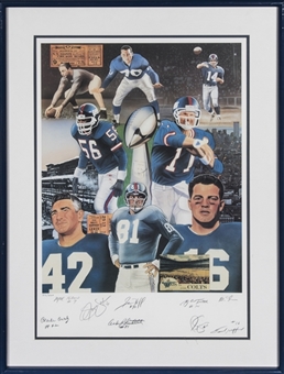 New York Giants Multi Signed "Giants of the Game" Litho By Artist Michael Elins With 8 Signatures In 25x33 Framed Display -LE 88/600 (Beckett)